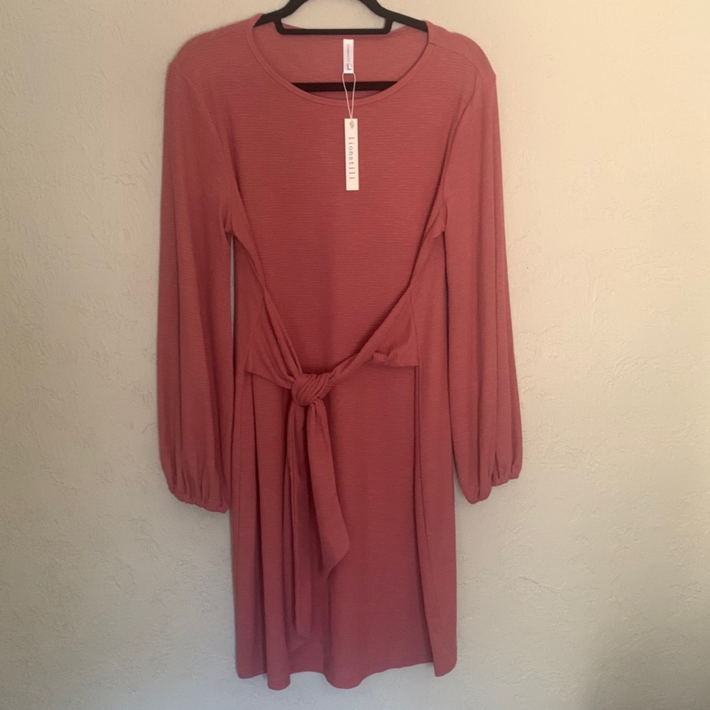 NWT Dusty Rose / Pink Long Sleeve Midi Dress Tie Waist Size L